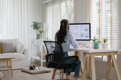 Woman in work-from-home office set up.